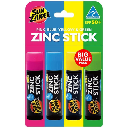 Zinc Oxide Mineral Sunscreen Stick - SPF 50+ Water Resistant | 4-Pack Rainbow Colors (Pink, Blue, Green, Yellow) - For Face & Body