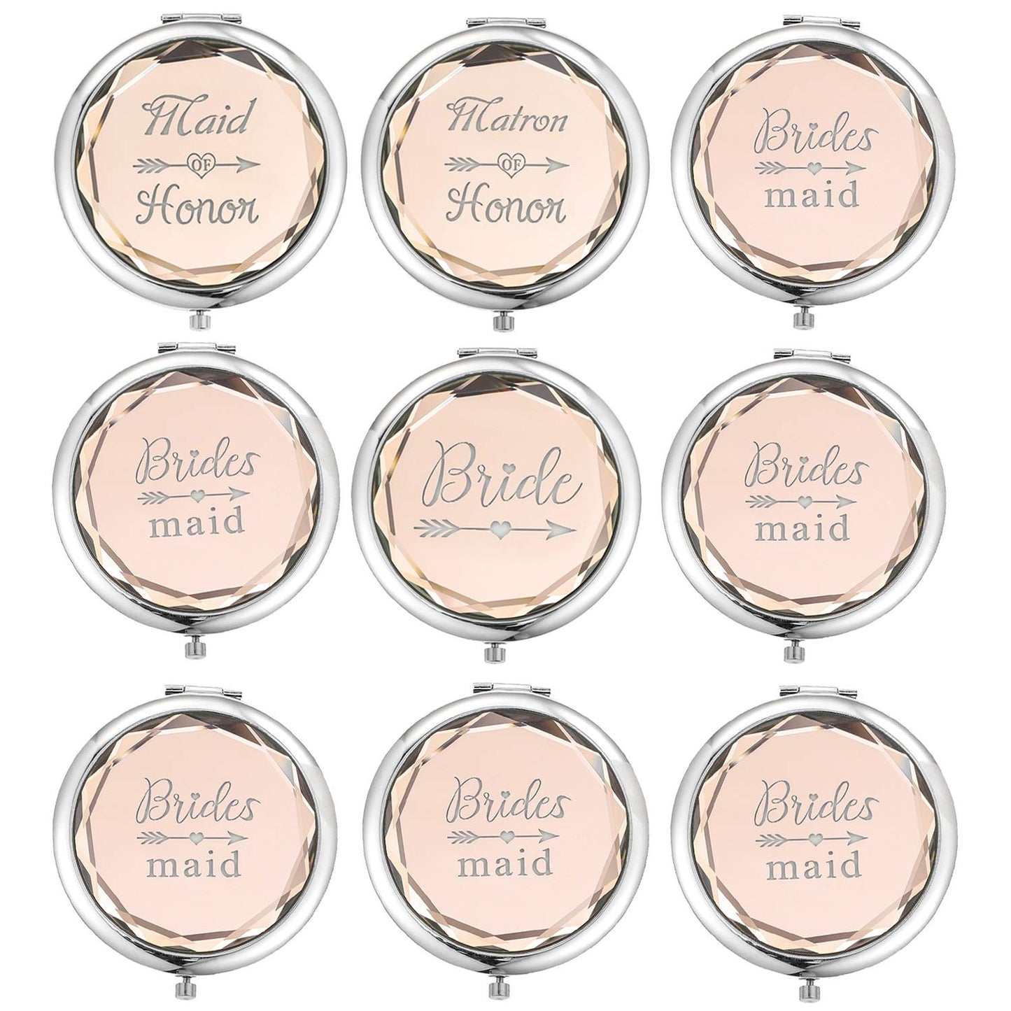 SFHMTL Compact Pocket Makeup Mirrors Set - 9 Piece Wedding Gifts: Bride, Maid of Honor, Matron of Honor & 6 Bridesmaid Mirrors - Champagne