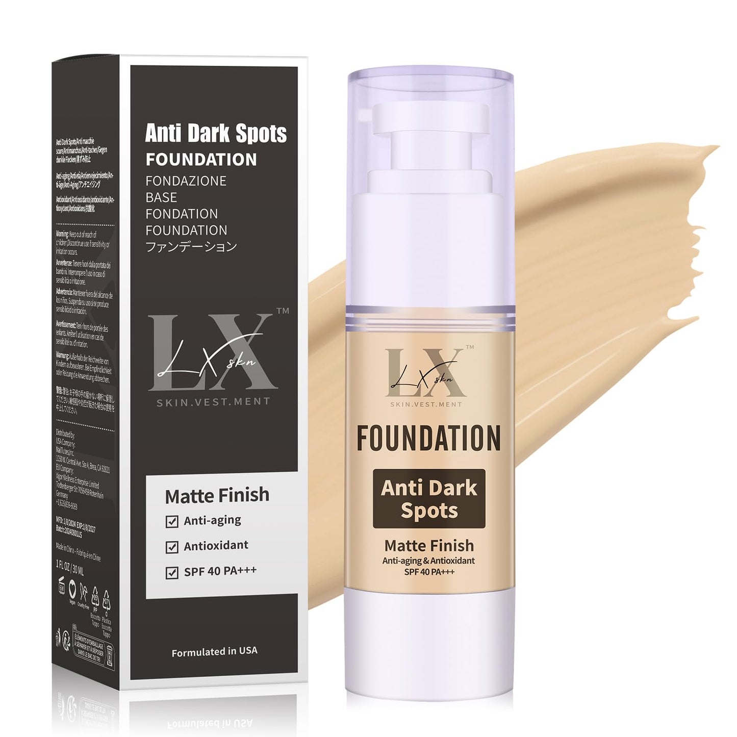 LXSKN Anti-Dark Spot Liquid Foundation - Collagen Serum Foundation Infused with 2% Niacinamide, High Coverage For A Smooth & Satin Finish, 107 Light