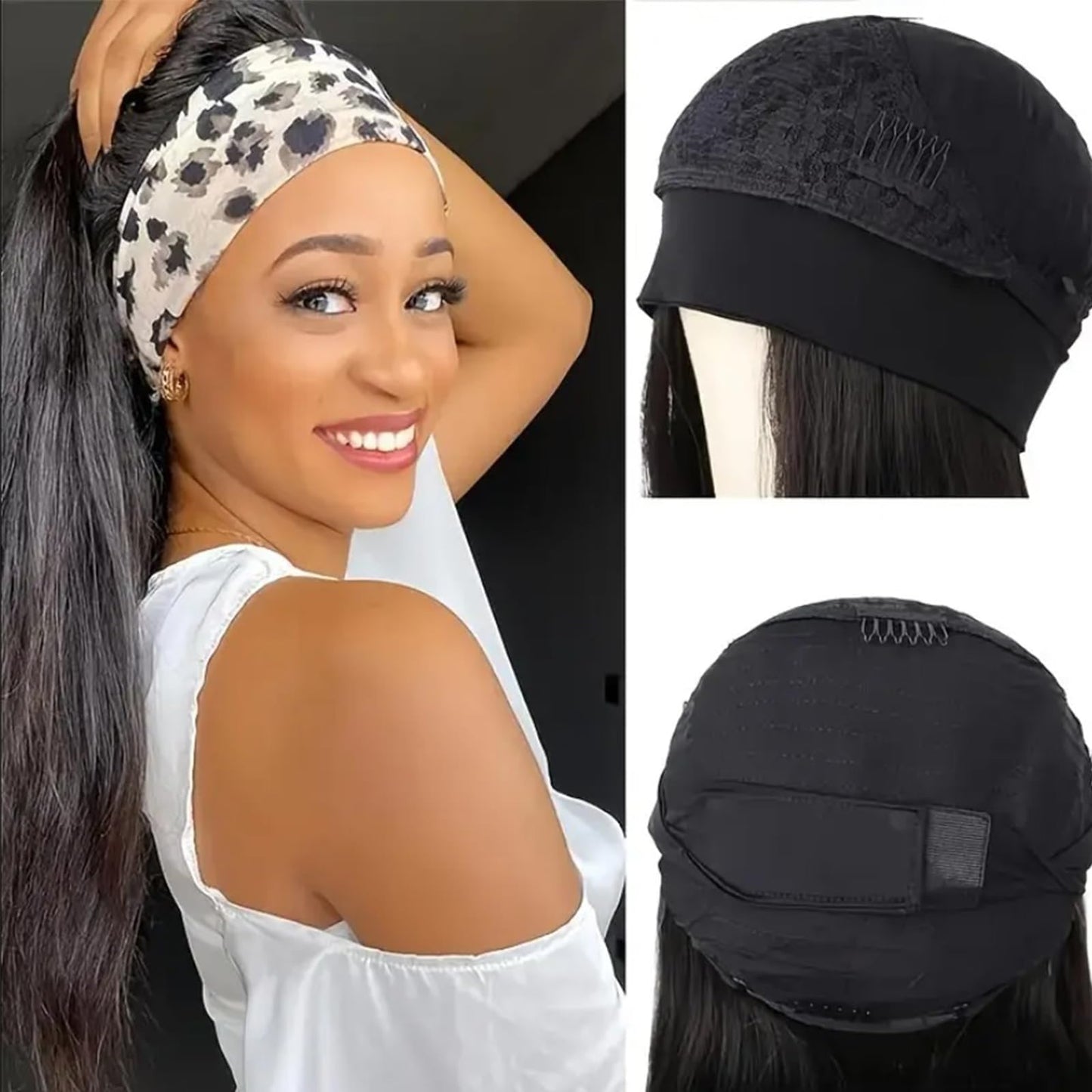 Coshgirl Straight Headband Wig Human Hair Headband Half Wigs Machine Made Glueless None Lace Front Wig Brazilian Virgin Hair Headband Wigs for Black Women150% Density Natural Color 14 Inch