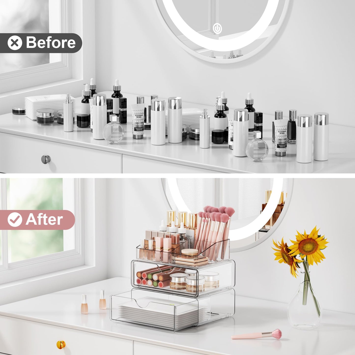 DOADW Bathroom Counter Organizer Clear - 3Pcs Stackable Makeup Countertop Organizer for Vanity - Multi-Purpose Skin Care Lipstick Cosmetic Organizer