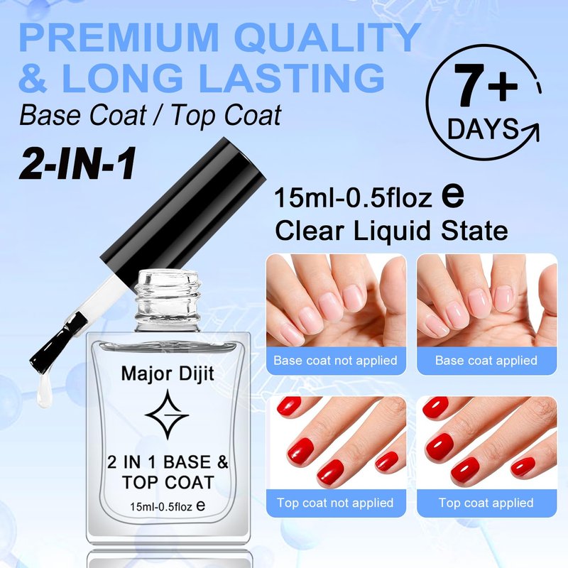 Major Dijit Clear Base & Top Coat 2-in-1 Nail Polish – Quick Dry, Long-Lasting, High Gloss Protective Formula – 0.5 Fl Oz