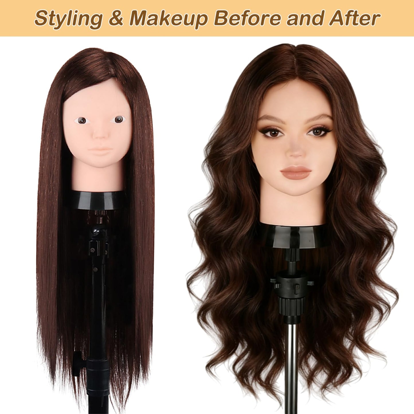 Mannequin Head Human Hair, Beauty Star Doll Head for Practice Hair Styling, 80% Real Hair Cosmetology Makeup Hairdressing Training Manicanequin Head with Clamp Stand + DIY Braiding Set
