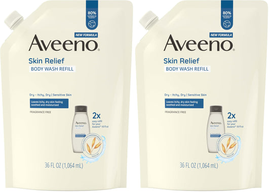 Aveeno Skin Relief-Body Wash Fragrance-Free + Triple Oat Formula,Gentle Daily Cleanser for Sensitive SkinLeaves Itchy, Dry SkinFeeling Soothed & Moisturized, Body Wash Refill, 36 fl. oz (Pack of 2)