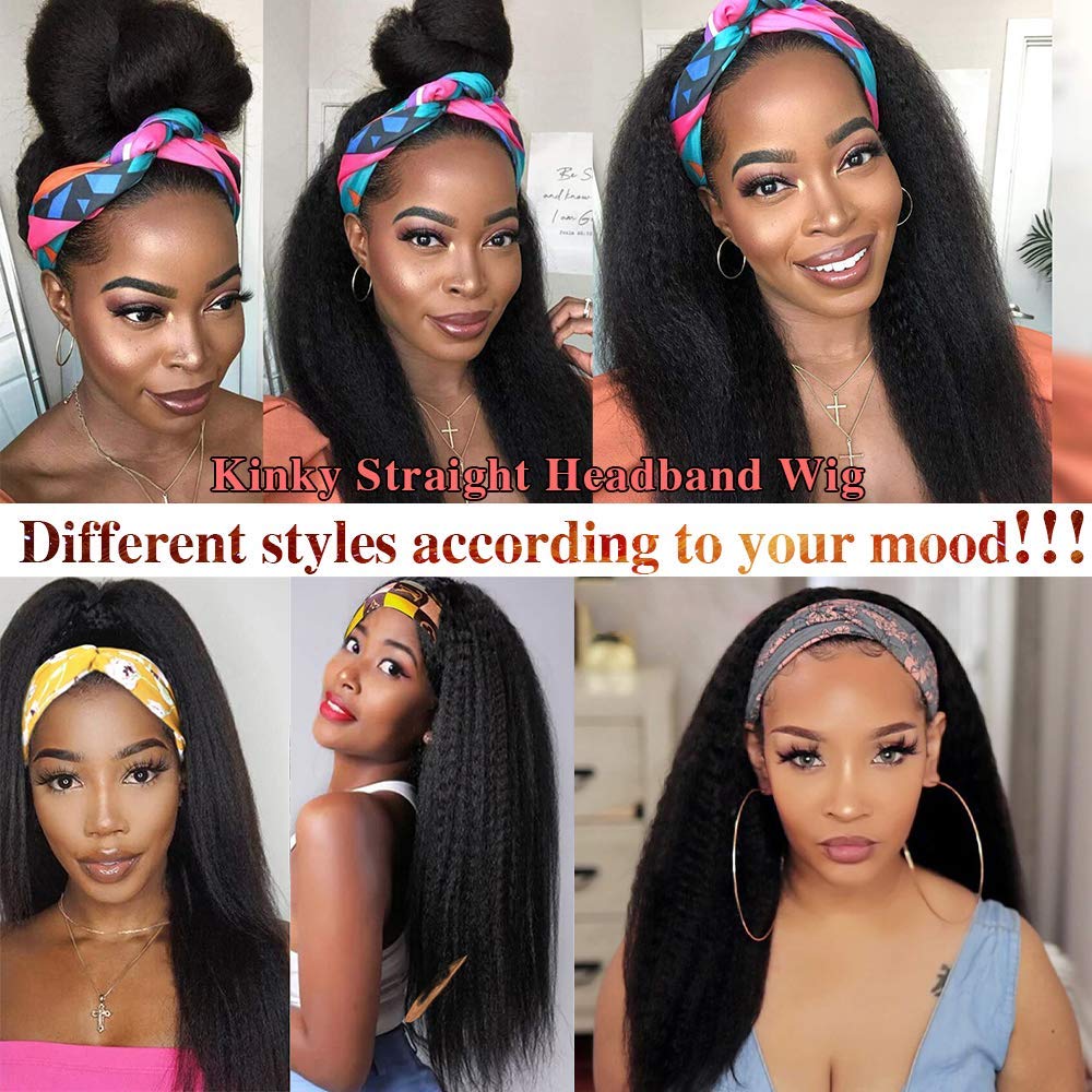 Kinky Straight Headband Wig Human Hair 180% Density 12A Headband Wigs for Women Glueless Yaki Headband Human Hair Machine Made Can Last 6-9 Months Life Natural Black Color 14 Inch