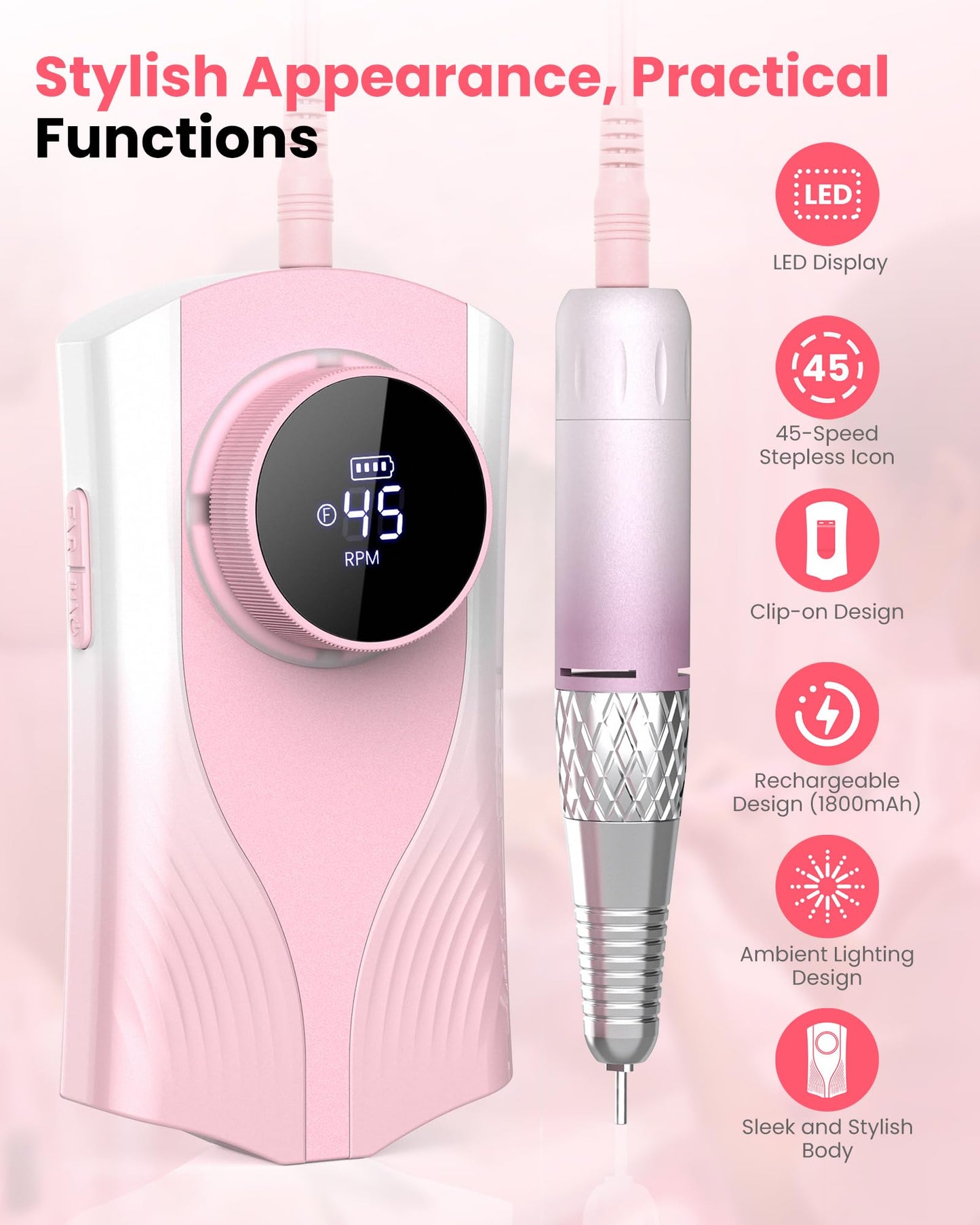 KISUFU Professional Nail Drill for Nail Technicians - 45000RPM Electric Nail File with 1800mAh Battery - Portable E-File with Digital Display and Belt Clip - Gradient Pink Manicure Set with 6 Bits.