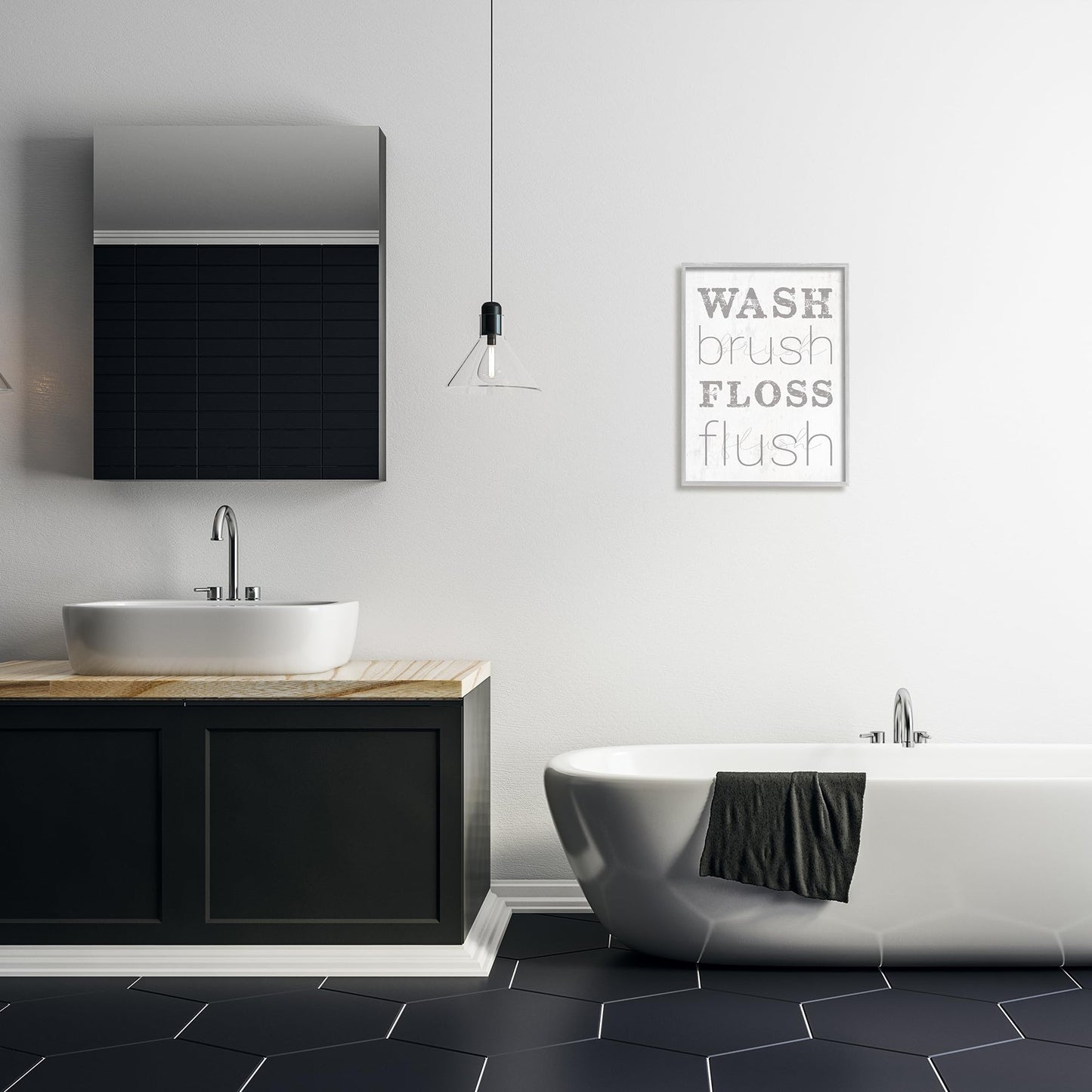 Stupell Industries 'Wash Brush Floss Flush Grey and White Distressed Rustic Look Typography', Framed Giclee Art, Gray, 16 x 20 Inches, Easy to Hang and Sturdy, Made in USA, by Lil' Rue