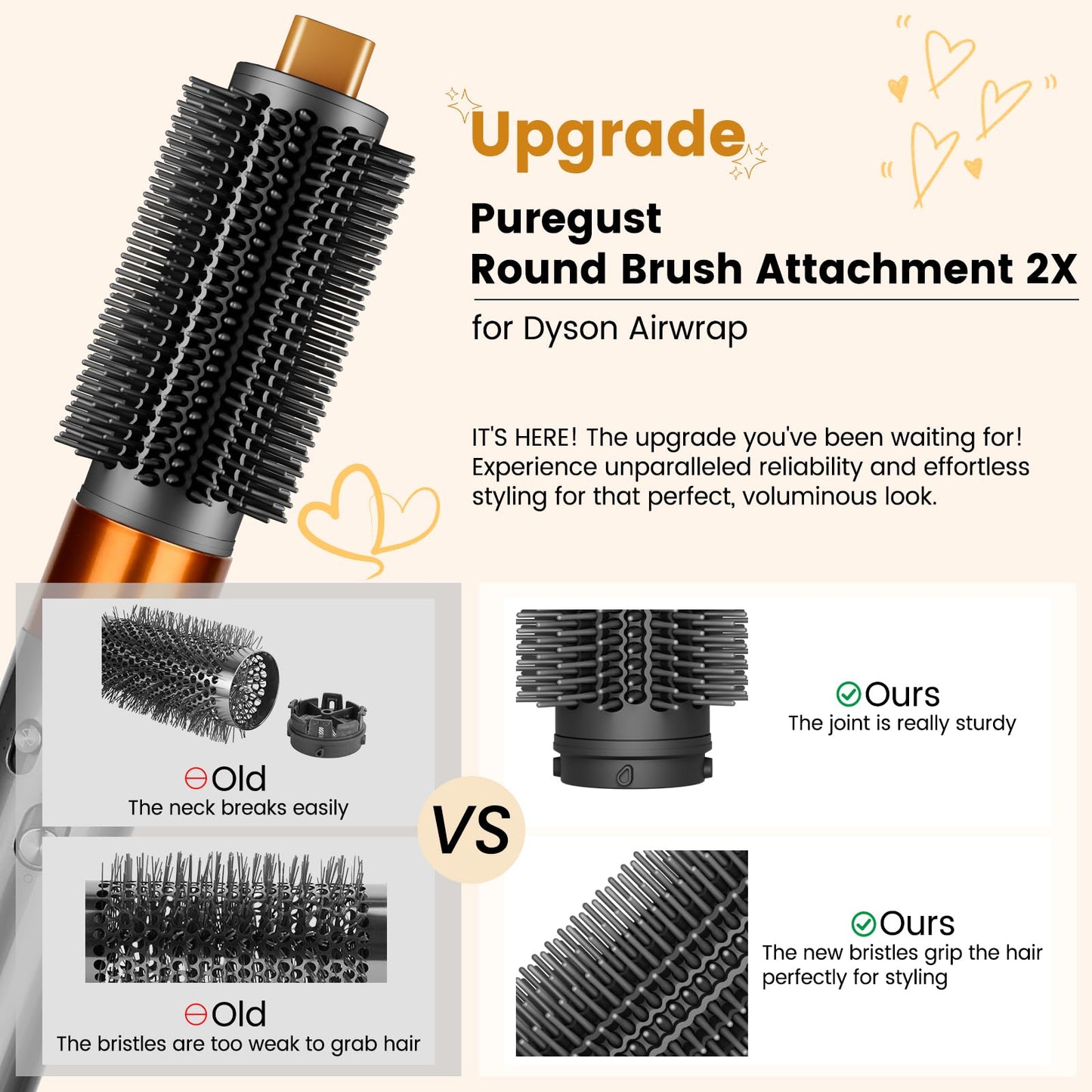 PUREGUST Upgraded 2.3inch Round Volumizing Brush Attachment for Dyson Airwrap HS01 HS05 HS08 Accessories, Upgraded Bristles for Dry Hair Add Volume Style Bangs Smooth Hair