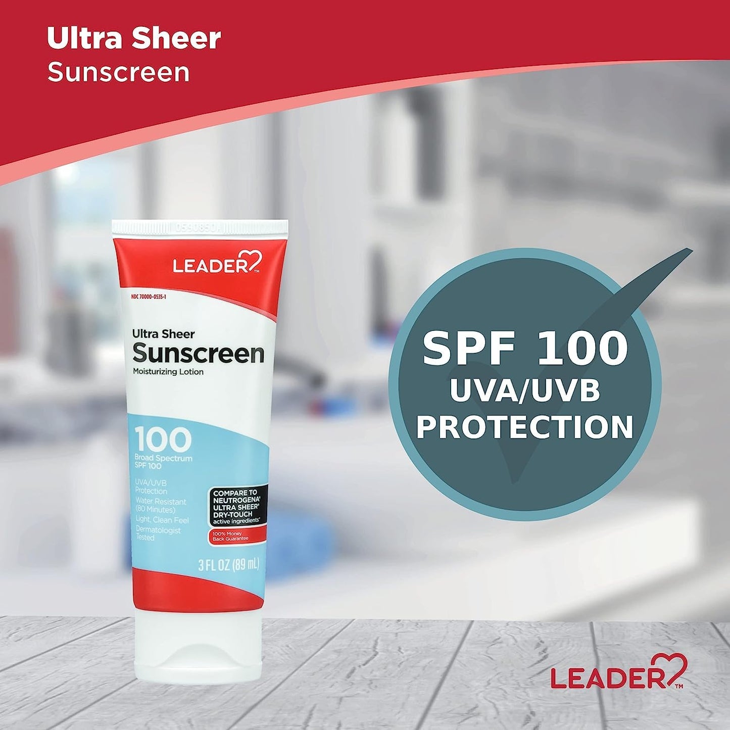 LEADER Travel Sunscreen SPF 100+, Ultra Sheer Dry-Touch Water Resistant and Non-Greasy Lotion with Broad Spectrum SPF 100+, 3 Fl Oz (2 Pack)