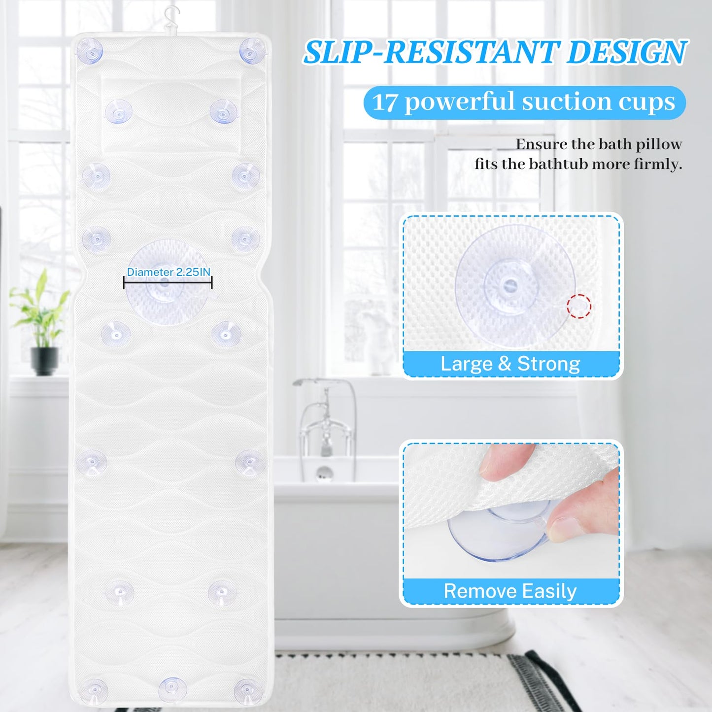 TranquilRelax Bath Pillow for Tub with Laundry Bag & 17 Non-Slip Suction Cups, Extra Thick and Soft Bathtub Pillow for Head, Neck & Shoulder Support, 51" x 16" White
