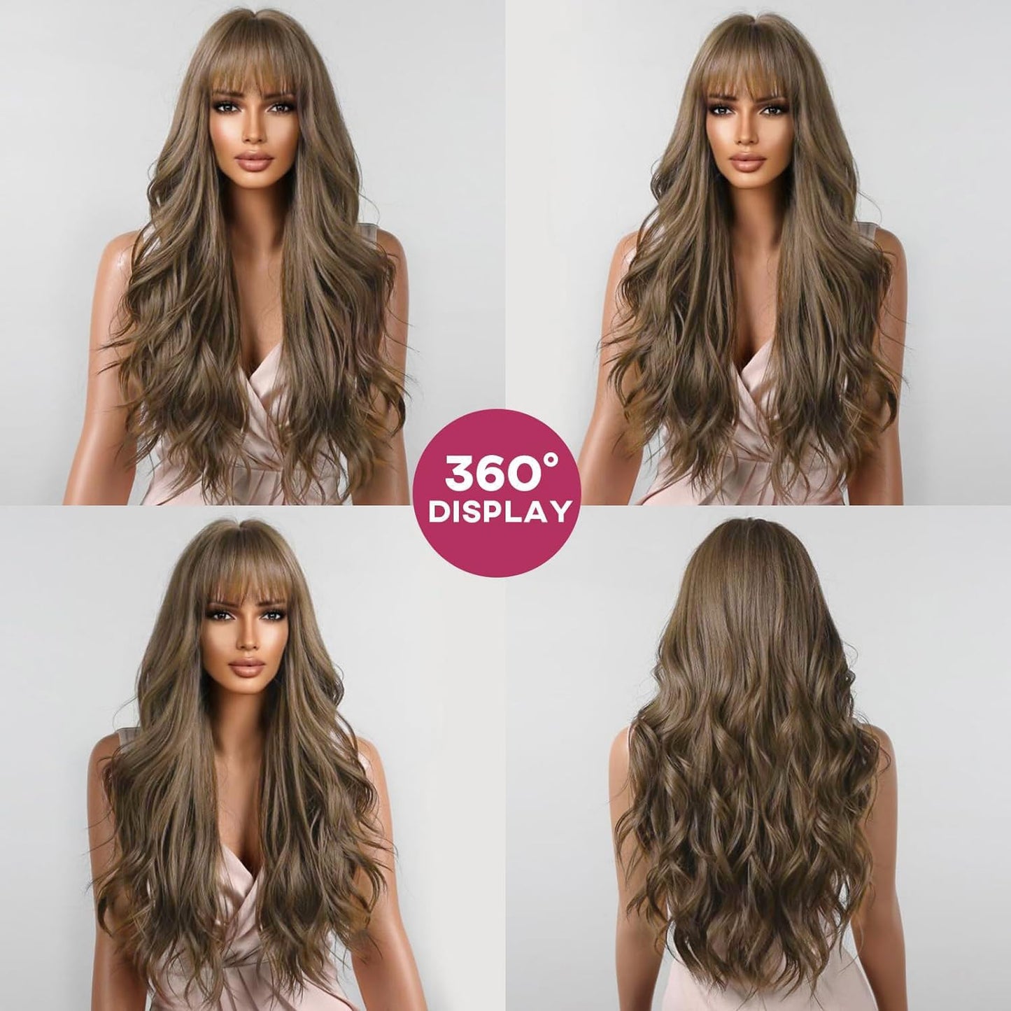YOUGRACE Ombre Blonde Wig with Bangs Long Wavy Ombre Wigs for Women 26 Inch Curly Blonde Wigs with Dark Root Synthetic Heat Resistant Wigs for Daily Party Use