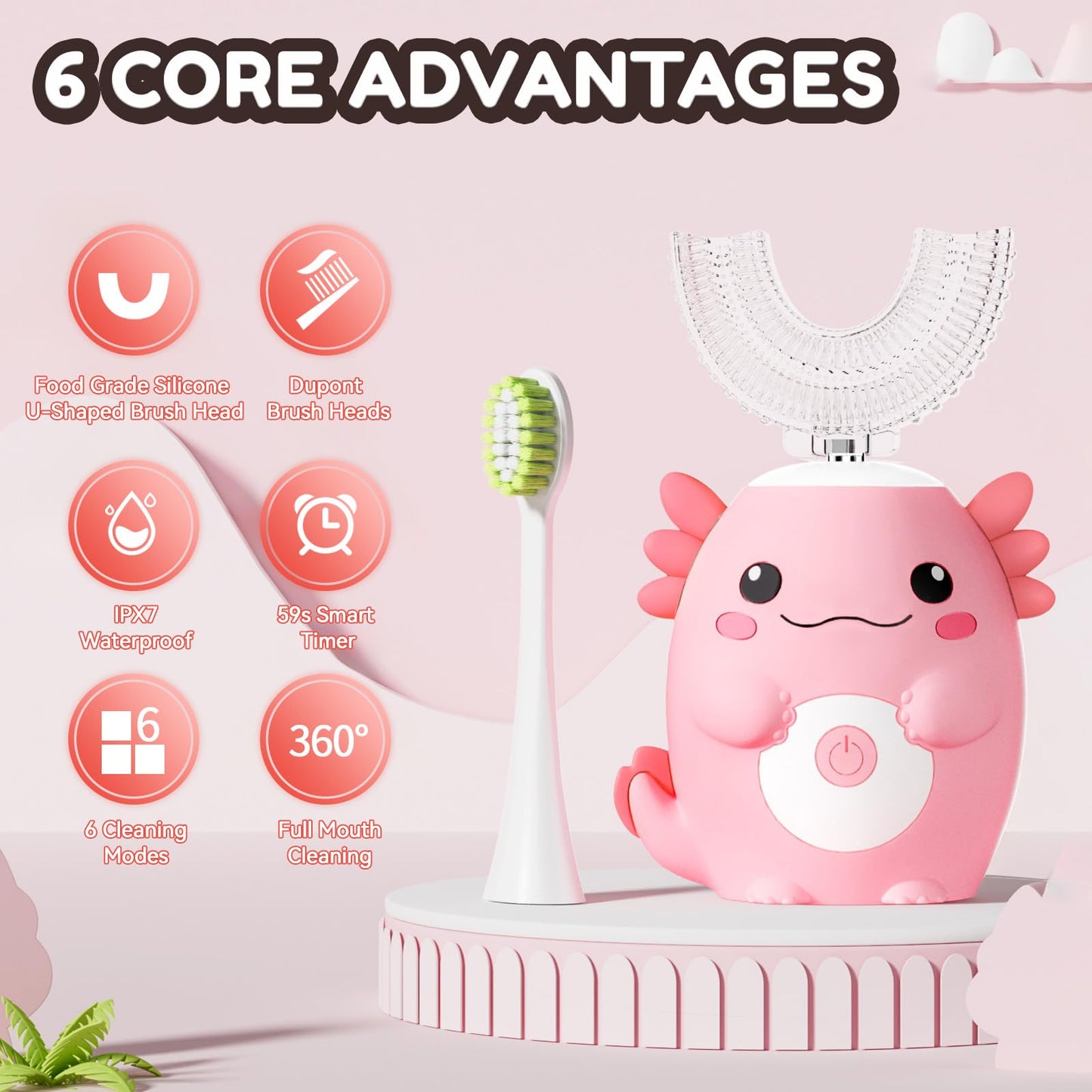 Kids Electric U Shaped Automatic Toothbrush,Cute Axolotl-Age 2-15 Pink