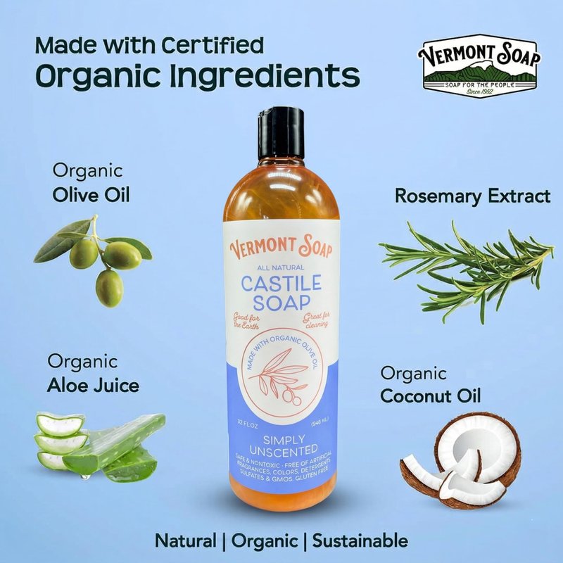Vermont Castile Unscented Gentle Liquid Soap for Sensitive Skin, Natural Body Wash, Organic Hair Shampoo for Oily Hair, Aloe for Men & Women - 33.8 Oz