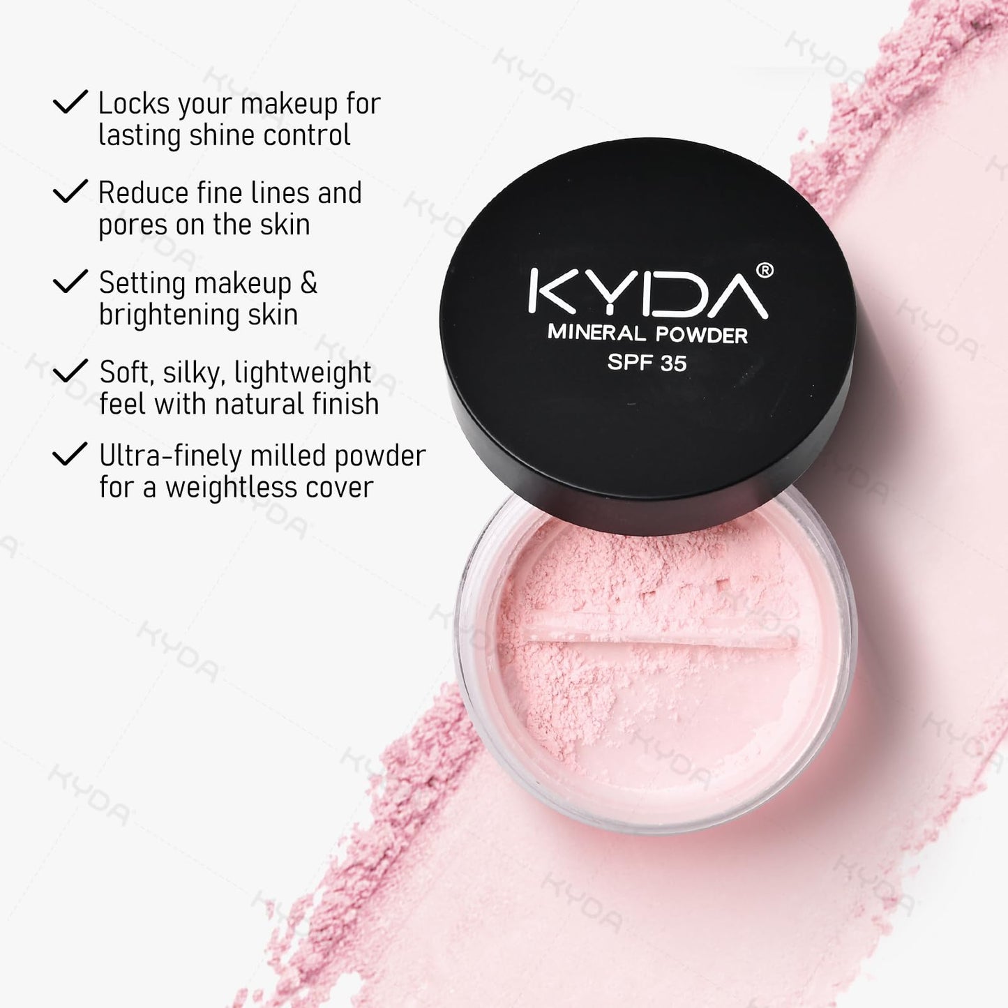 KYDA Mineral Loose Powder SPF 35, Pink Loose Setting Powder, Buildable Sheer Coverage, Weightless Oil Free, Blurring Finishing, Extend Base Makeup, 0.28 oz, Light Pink