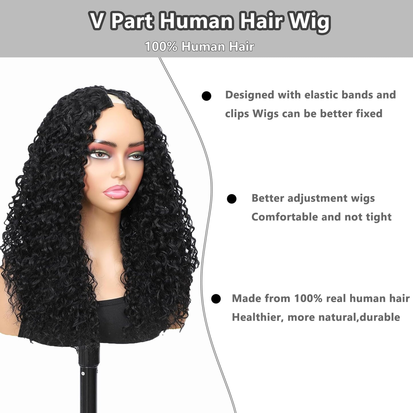 BDBDBD Curly V Part Wig Human Hair With Elastic Upgrade U Part Human Hair Wig No Leave Out V part Wig Curly 180% Density Begin ner Frie ndly No Gl ue No Sew In Natural Black COLOR 12 Inch