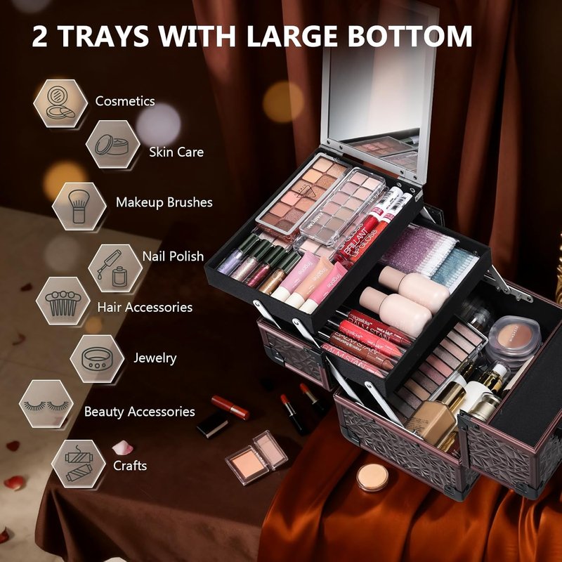 Makeup Train Case Organizer - Portable Cosmetic Storage Box with Mirror & Locking - Dark Brown, 2 Trays for Professionals