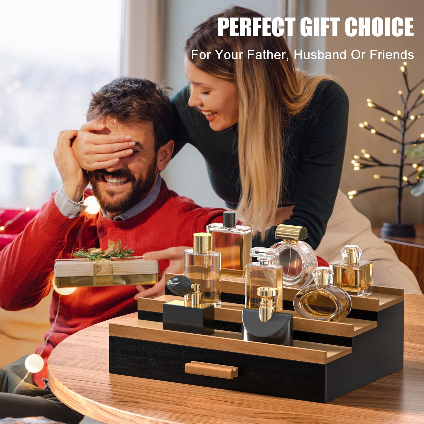 Sephyroth Cologne Organizer for Men – 3-Tier Perfume Display Shelf with Drawer and Hidden Storage, Elegant Cologne Holder, Great Gift for Men and Fathers (3T-BlackWalnut)