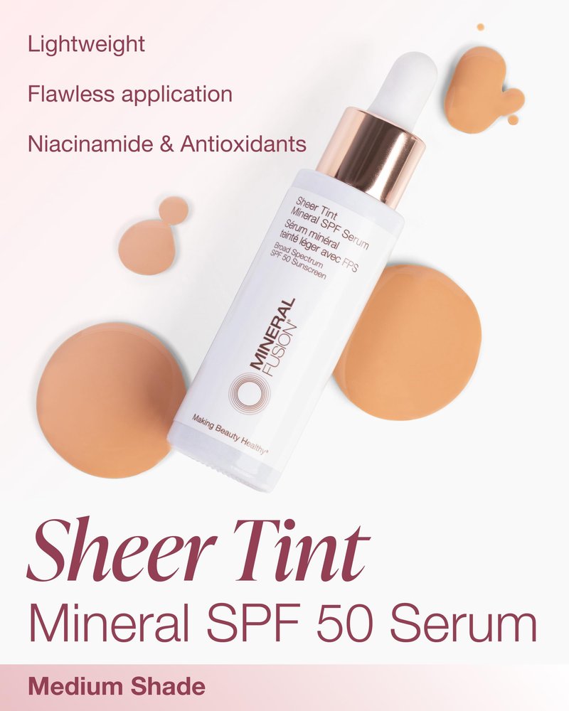 Mineral Fusion Sheer Tint SPF Face Serum (Medium) - Tinted Broad Spectrum SPF 50 Mineral Zinc Oxide Sunscreen - Sheer Coverage Makeup, Lightweight & Dewy Finish - With Niacinamide, Aloe Vera - 1 Fl Oz