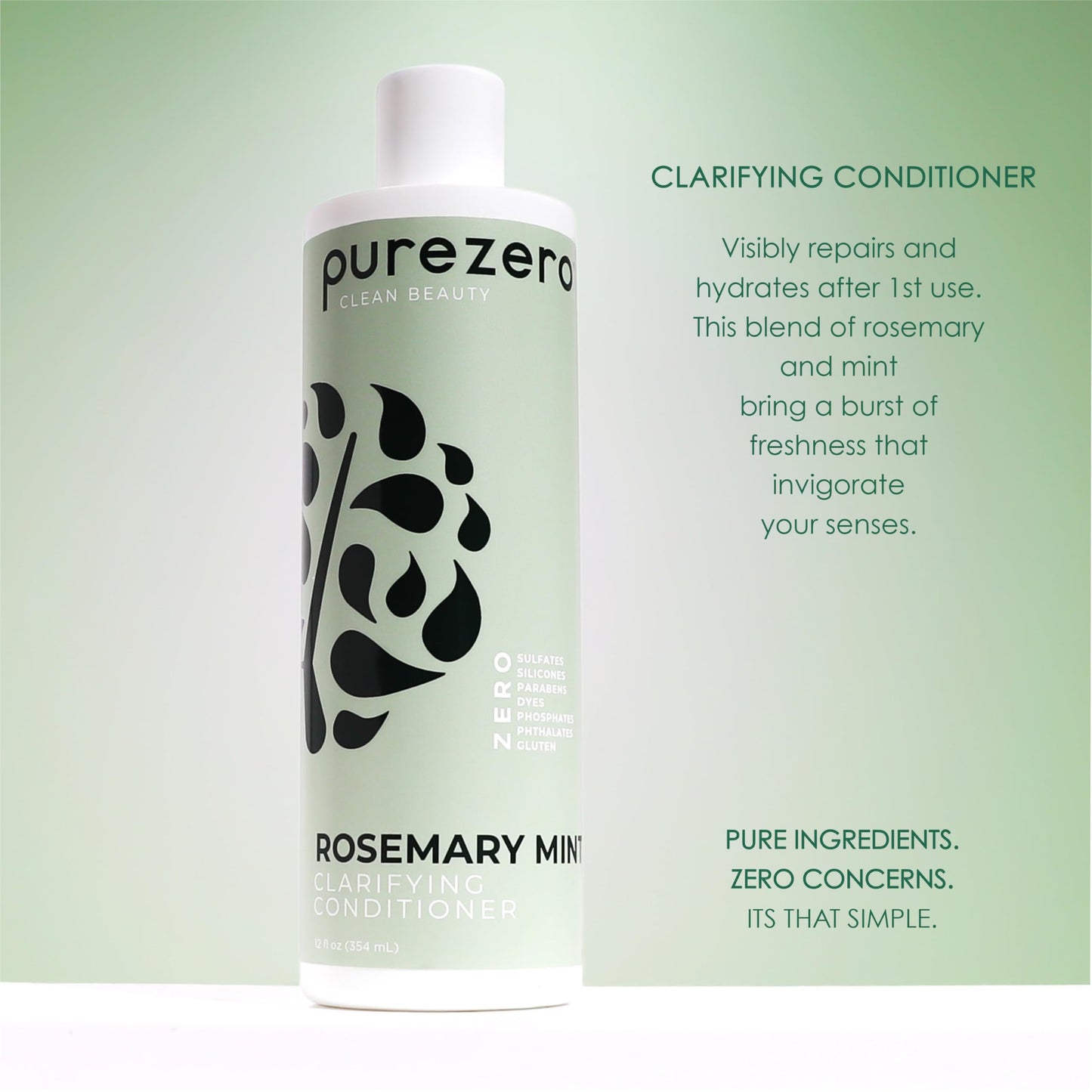 Purezero Rosemary Mint Clarifying Silicone Free Shampoo & Conditioner Set – Vegan Duo for Balanced Scalp, Build-Up Removal & Fresh Minty Finish – Sulfate-Free, Paraben-Free, Cruelty-Free, 2×12 oz