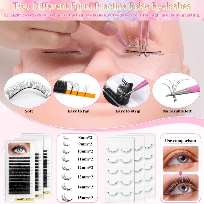 Lashes Kit for Eyelash Extension Beginners 470PCS Professional Lash Mannequin Head Practice Kit with Everything Lash Glue Lash Shampoo Lash Fan, Lash Extension Supplies for Practice Training