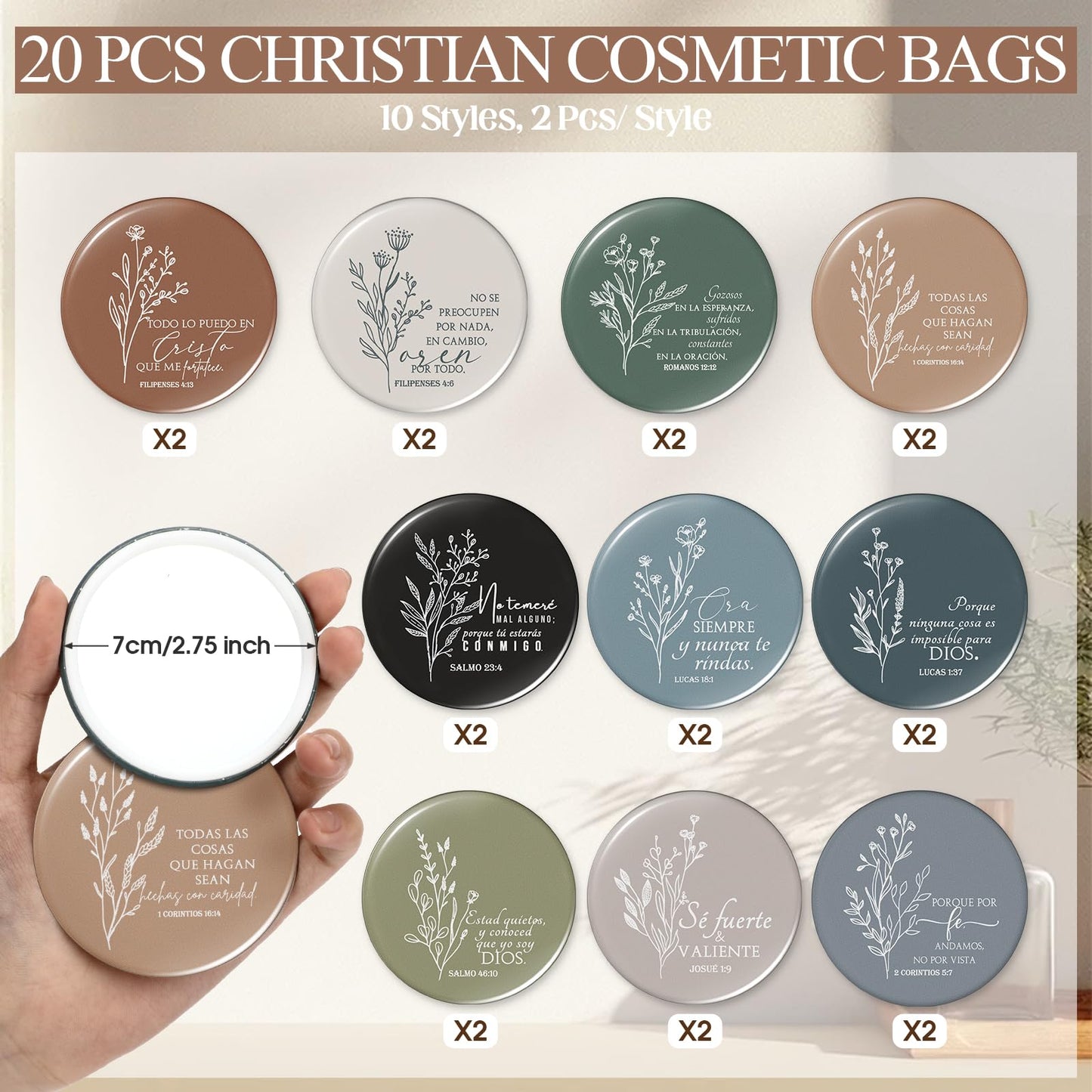 Kacctyen 20 Sets Spanish Christian Gifts for Women Bulk Bible Verse Makeup Bags Compact Mirror Regalos Cristianos Para Mujer En Español Canvas for Church Articulos Religiosos Catolicos (Boho Color)