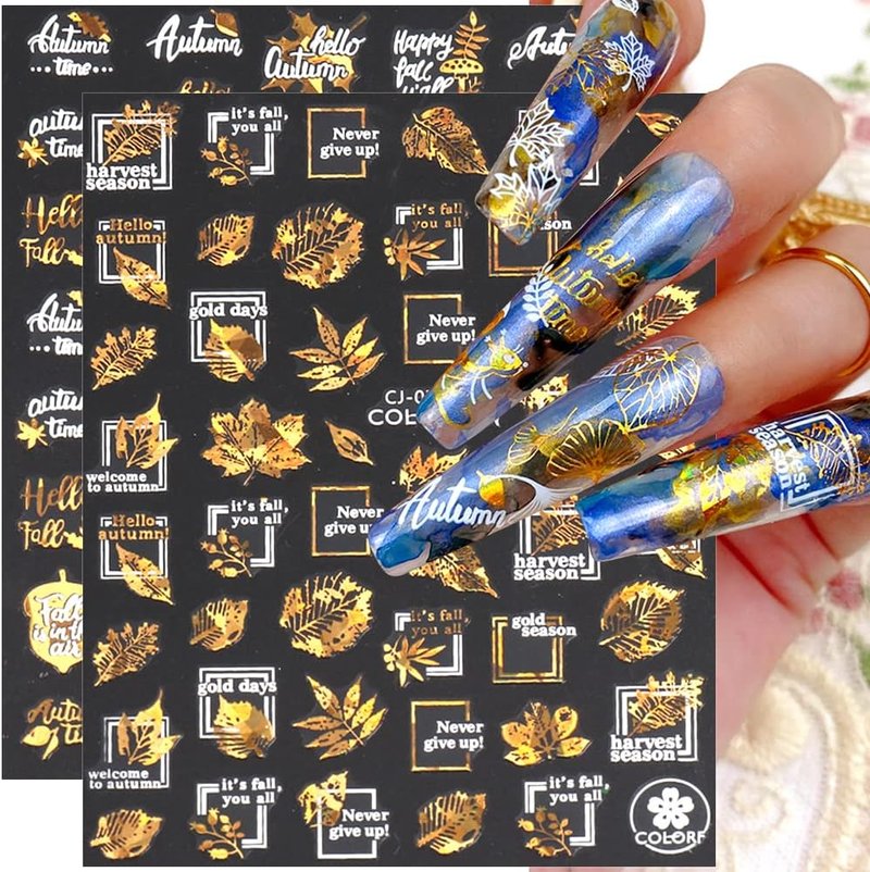 Autumn Leaves Nail Decals - 3D Self-Adhesive Fall Nail Art Stickers | White Laser Gold Maple Leaf Design, 9 Sheets