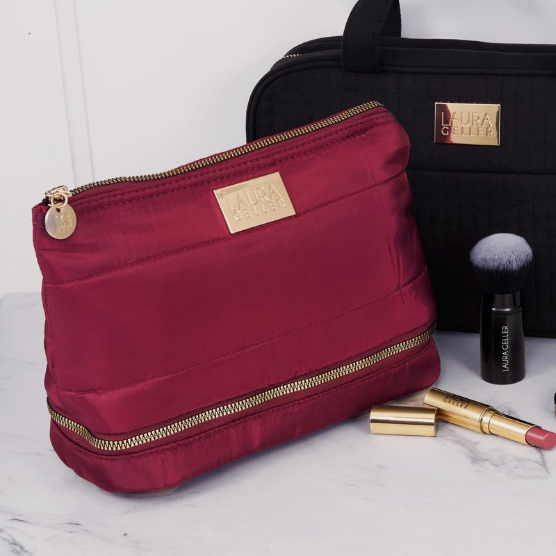 LAURA GELLER NEW YORK Quilted Makeup Bag with Brush Case, Burgundy - Toiletry Bag Organizer for Travel - Large Capacity Full Size Makeup Bag - Easy to Clean