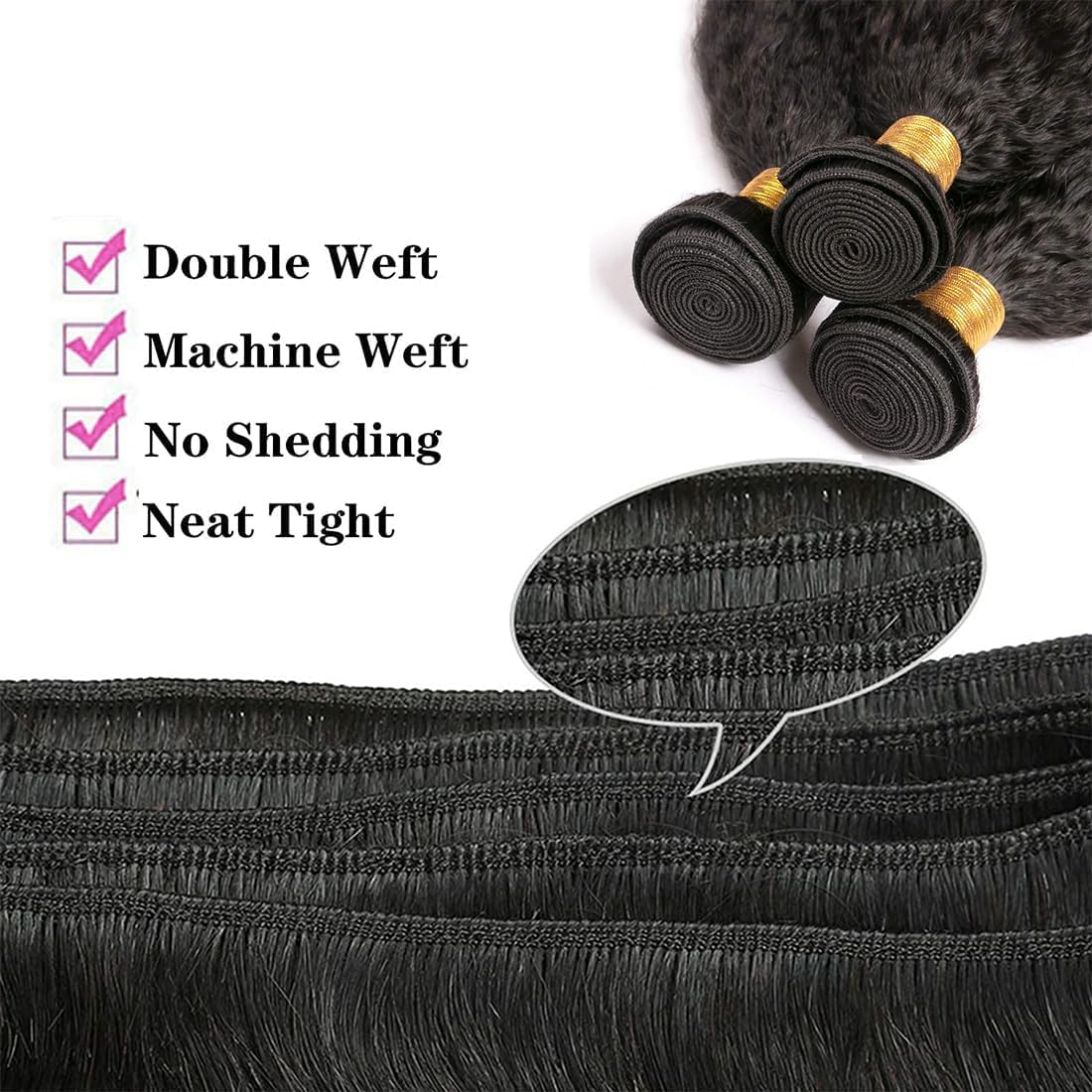 OLFORY Hair Bundles 12A Yaki Kinky Straight Human Hair 3 Bundles 100% Unprocessed Mongolian Virgin Human Hair Kinky Straight Bundles Yaki Hair Natural Color (12 14 16)