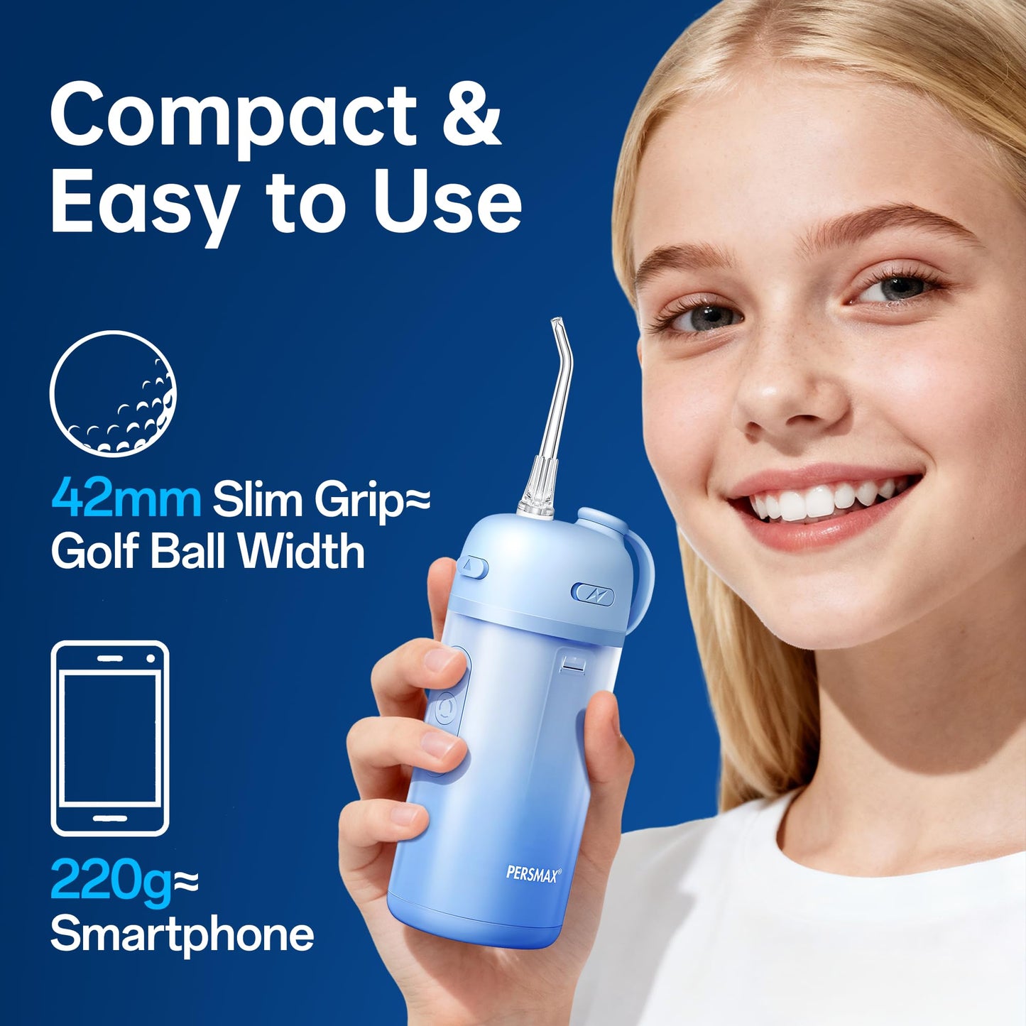 PERSMAX Water Flosser for Orthodontics Teeth Cleaning - Portable Electric Oral Irrigator Pick for Braces, Travel, Kids, with 3 Modes 8 Pressure Settings, 8 Tips, 150ML, IPX7, Gradient Blue