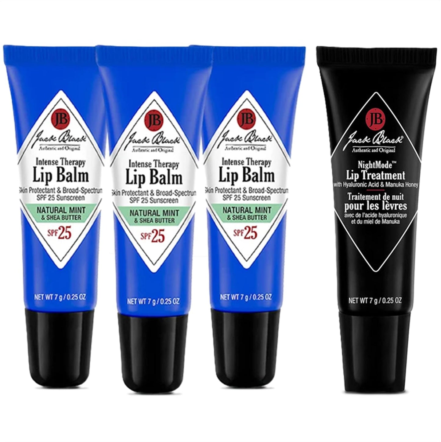 Jack Black Intense Therapy Lip Balm, 0.25-Oz., Pack of 3 – Natural Mint & Shea Butter, SPF 25 Sun Protection, Lip Moisturizer + Jack Black Night Mode Lip Treatment - Overnight Hydrating Lip Mask