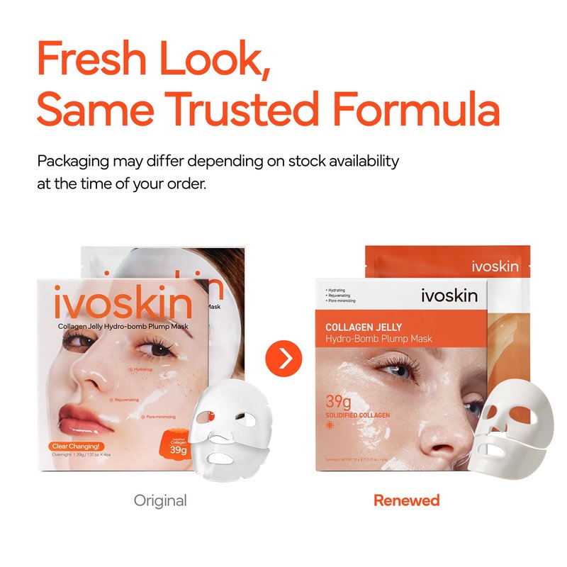 IVOSKIN Collagen Jelly Hydro-bomb Plump Mask, Hydrating 39g x 4ea Real Collagen Mask, Firming and Moisturizing for Glow Skin, Collagen Water over 670,000 ppm