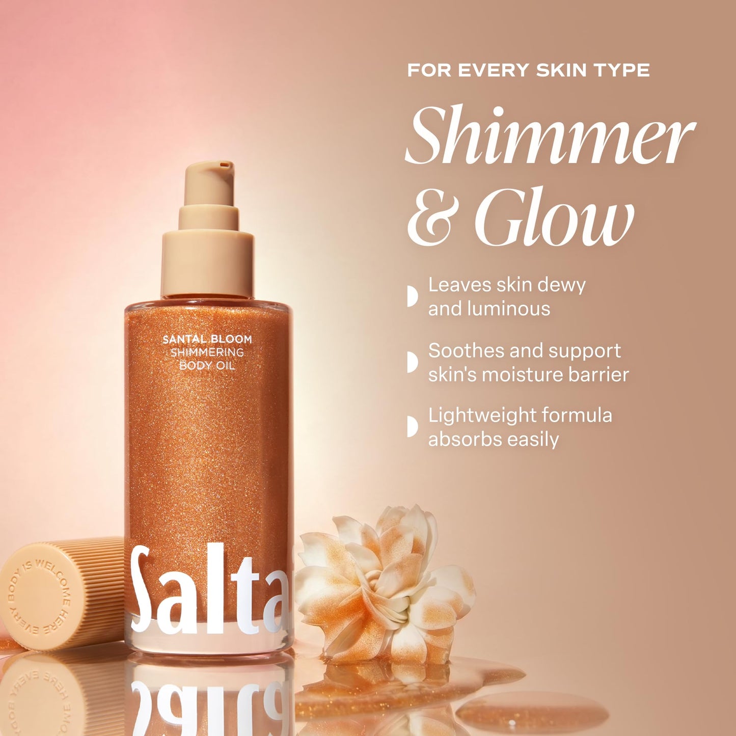 Saltair Shimmering Body Oil - Santal Bloom Scented Dry Oil Moisturizer with Light-Reflecting Pearl Pigments. Moisturizing Glow for All Skin Types - 4 Fl Oz