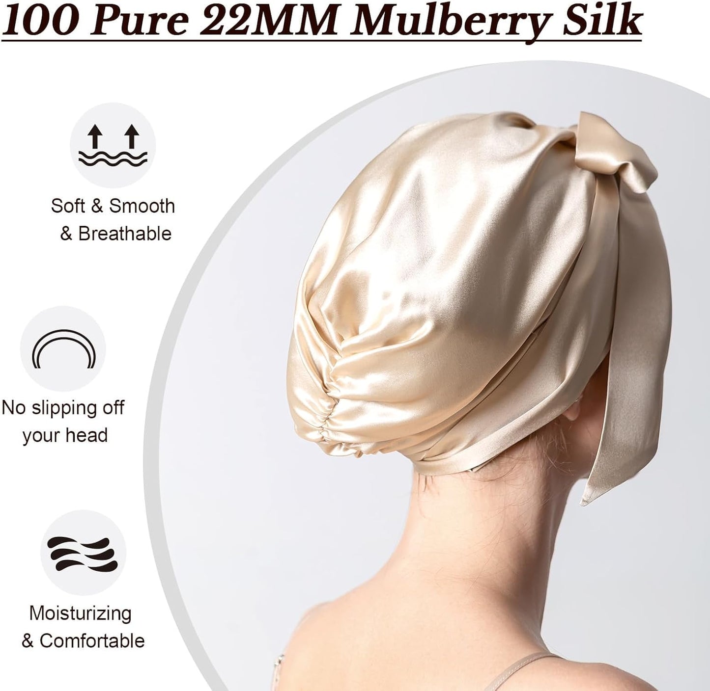 Mulberry Silk Bonnet for Sleeping | 22 Momme Grade-6A Hair Wrap for Short & Long Curly Hair