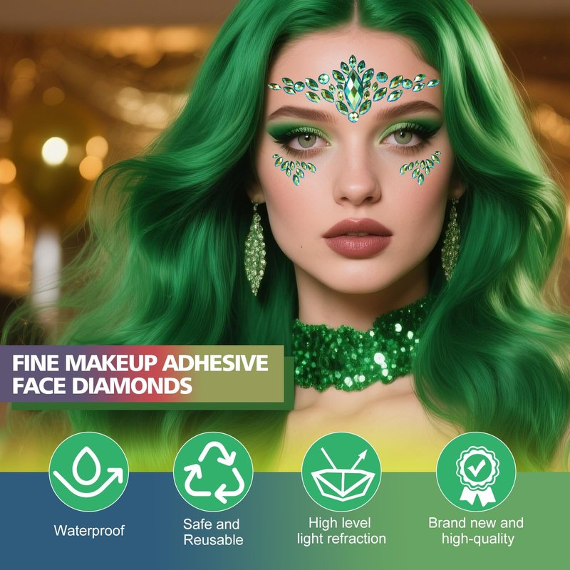 4-Pack Green Face Gems Tattoo,Tears Jewels Temporary Tattoos Stickers for Halloween Festival Music Carnival Party Makeup