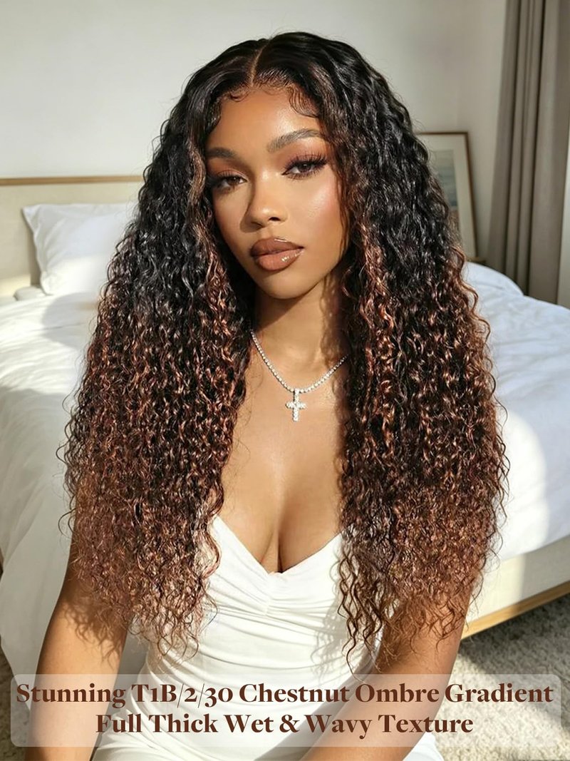 Anmetan 12A Ombre Chestnut Brown 4x4 HD Transparent Lace Closure Water Wave Human Hair, Chocolate Brown 3 Tone Colored T1B/2/30 Soft Unprocessed Remy Natural Hairline with Baby Hair 14 Inch Dark Roots