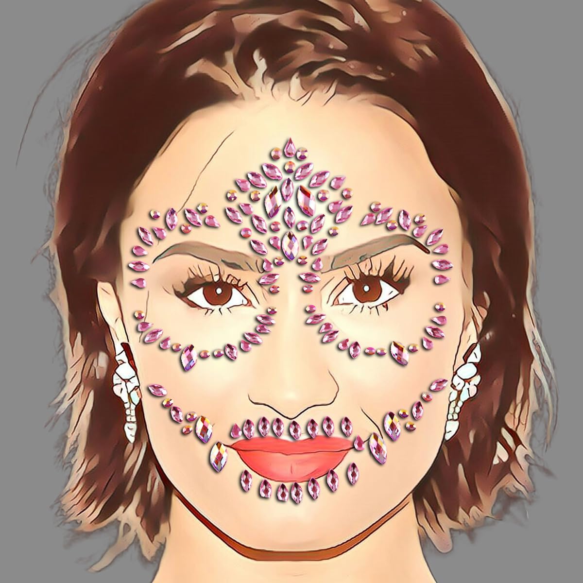 Day Of The Dead Skull Pink Face Stickers Gems Jewels Rhinestone Skeleton Gem Face Decal Temporary Tattoo Kit For Halloween Festival Rave Party Outfit Men Women Hollowing Prank Makeup
