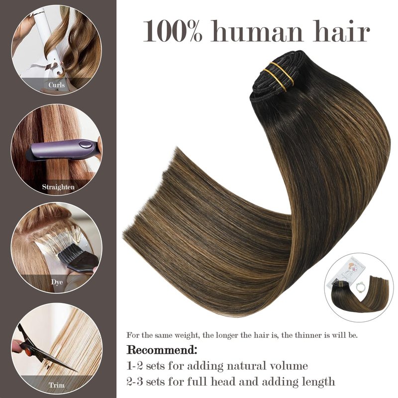 Clip In Hair Extensions - Real Human Hair Dark Brown to Chestnut Brown | 70g 7pcs 12-Inch Remy No Tangles