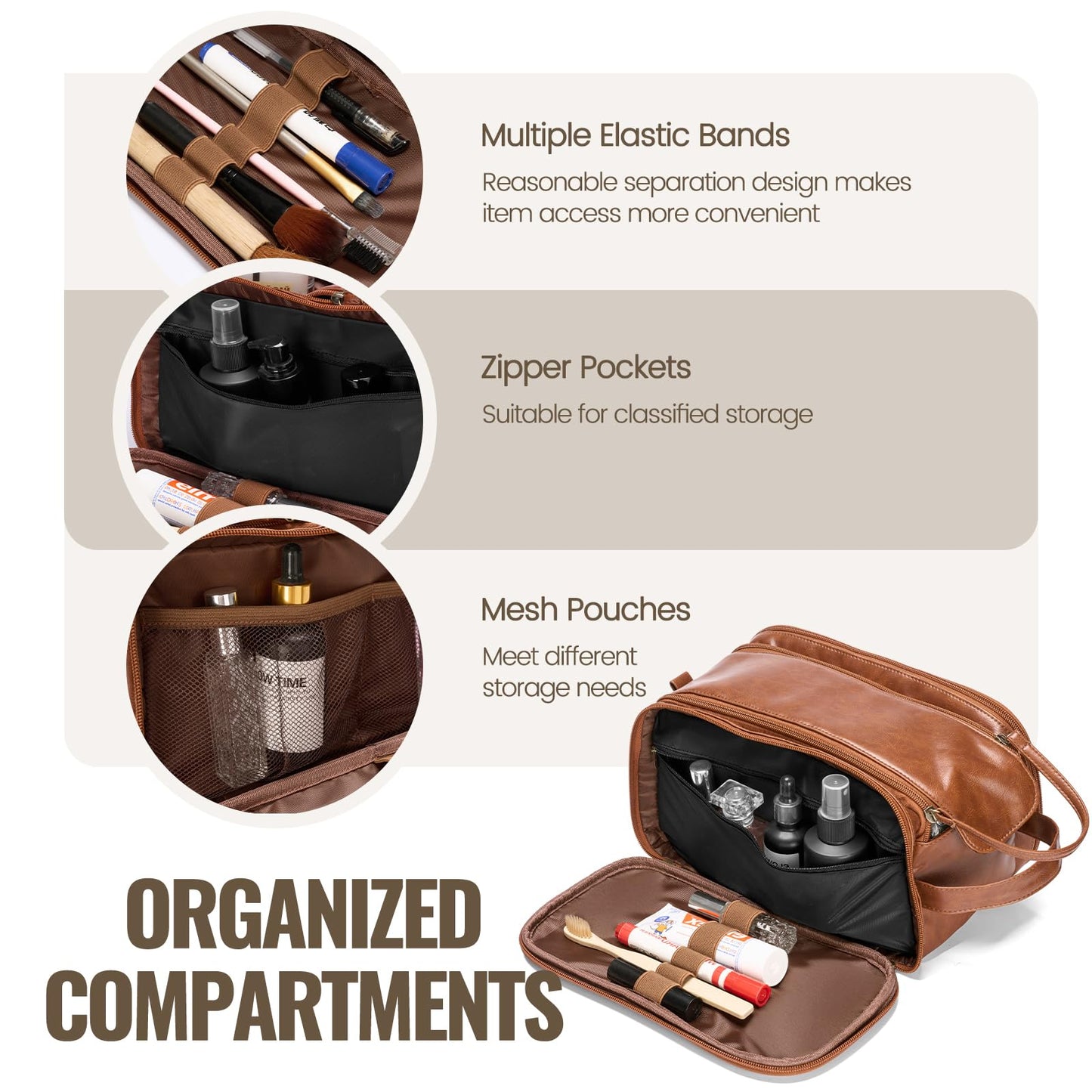 IUI Toiletry Bag for Men - Large Mens Travel Bag Toiletries Organizer- Shaving Bag for Toiletry Bathroom Water-resistant Hanging Dopp Kit PU Leather Cosmetic Bags for Traveling, Brown