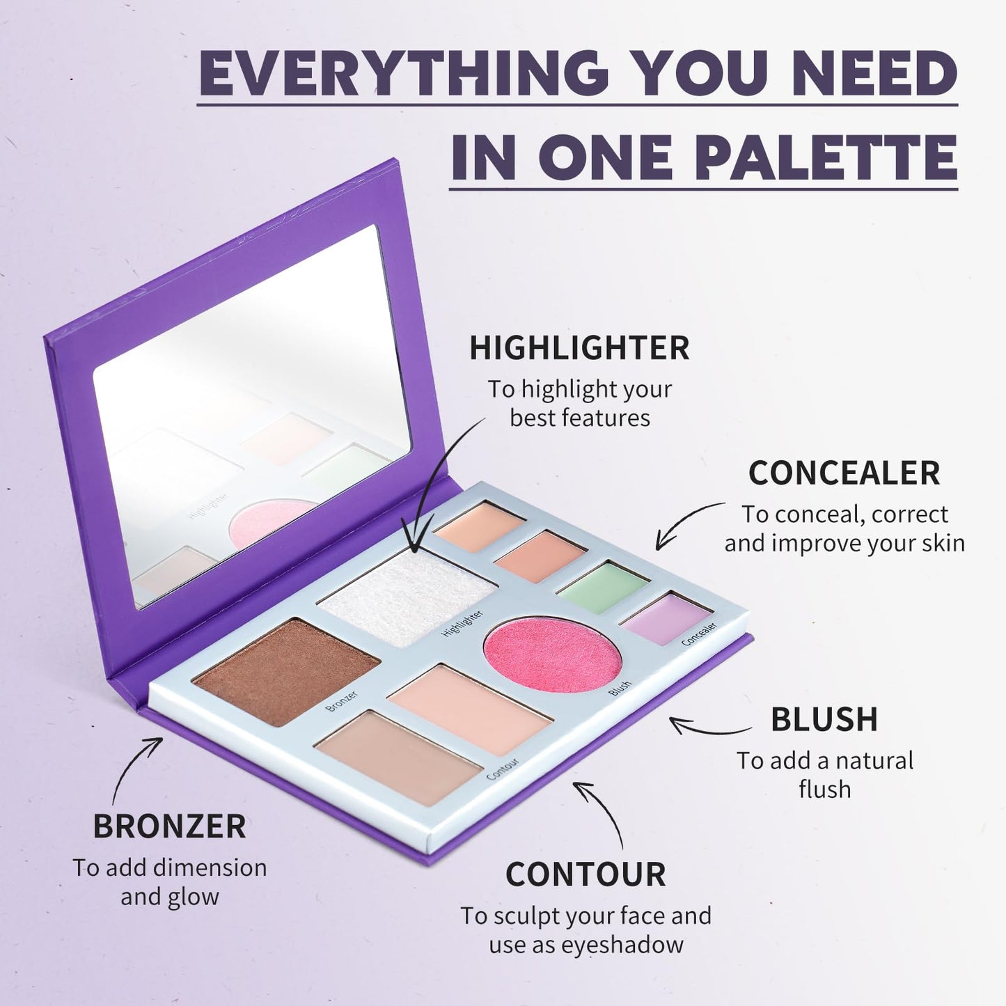 Color Nymph All In One Makeup Palette, 9 Colors Travel Make Up Set with Contour Blush Highlighter Concealer, Multi-Use Face Palettes with Mirror, Vegan & Cruelty-Free