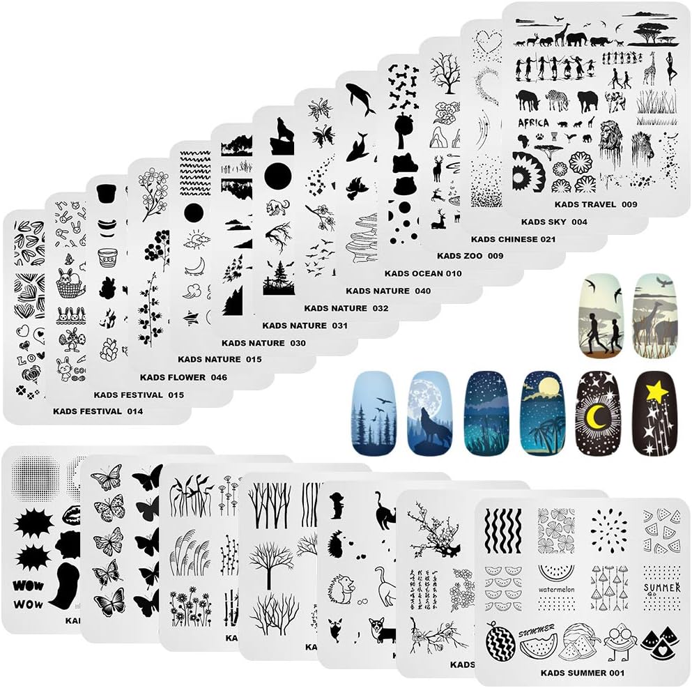KADS Nail Stamp Plates Set - 20 Pcs Floral, Animal & Leaf Nail Art Templates | Perfect for DIY Manicure