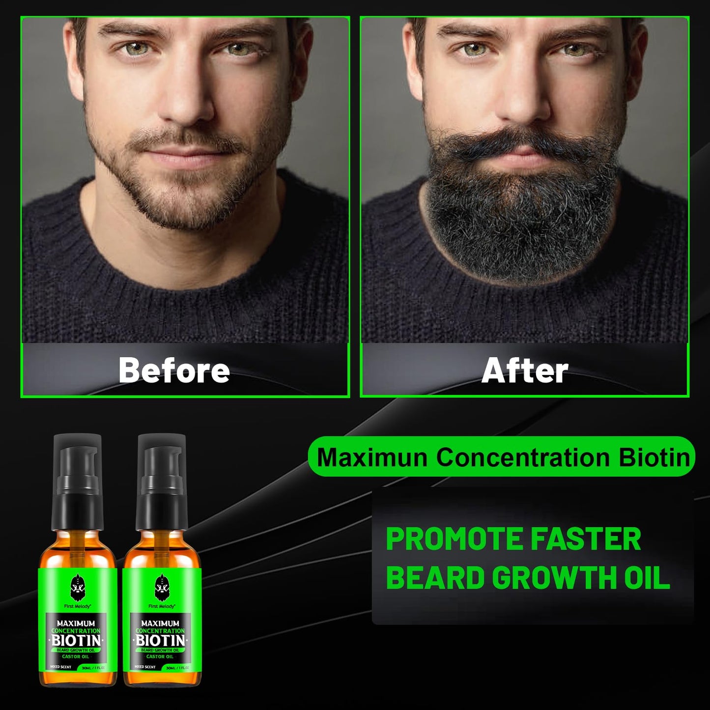 First Melody Beard Oil,Maximun Thickening Biotin, with Castor Oil and Argan & Jojoba Oils, Promotes Beard Growth, Styles, Strengthens & Softens Beards & Mustaches,1 Ounce*2（2 Pack）