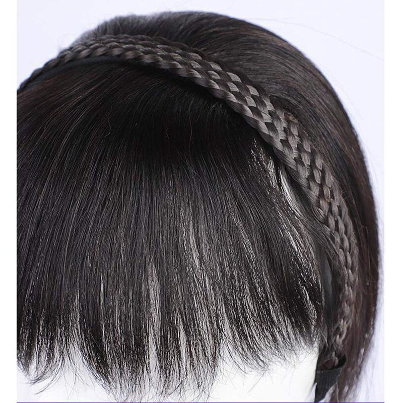 16" Women Human Hair Braided Headband Hairpiece Natural Looking Hairband Braids Human Hair Topper with Bangs Twist Braid Clip in Human Hair Extension Natural Black