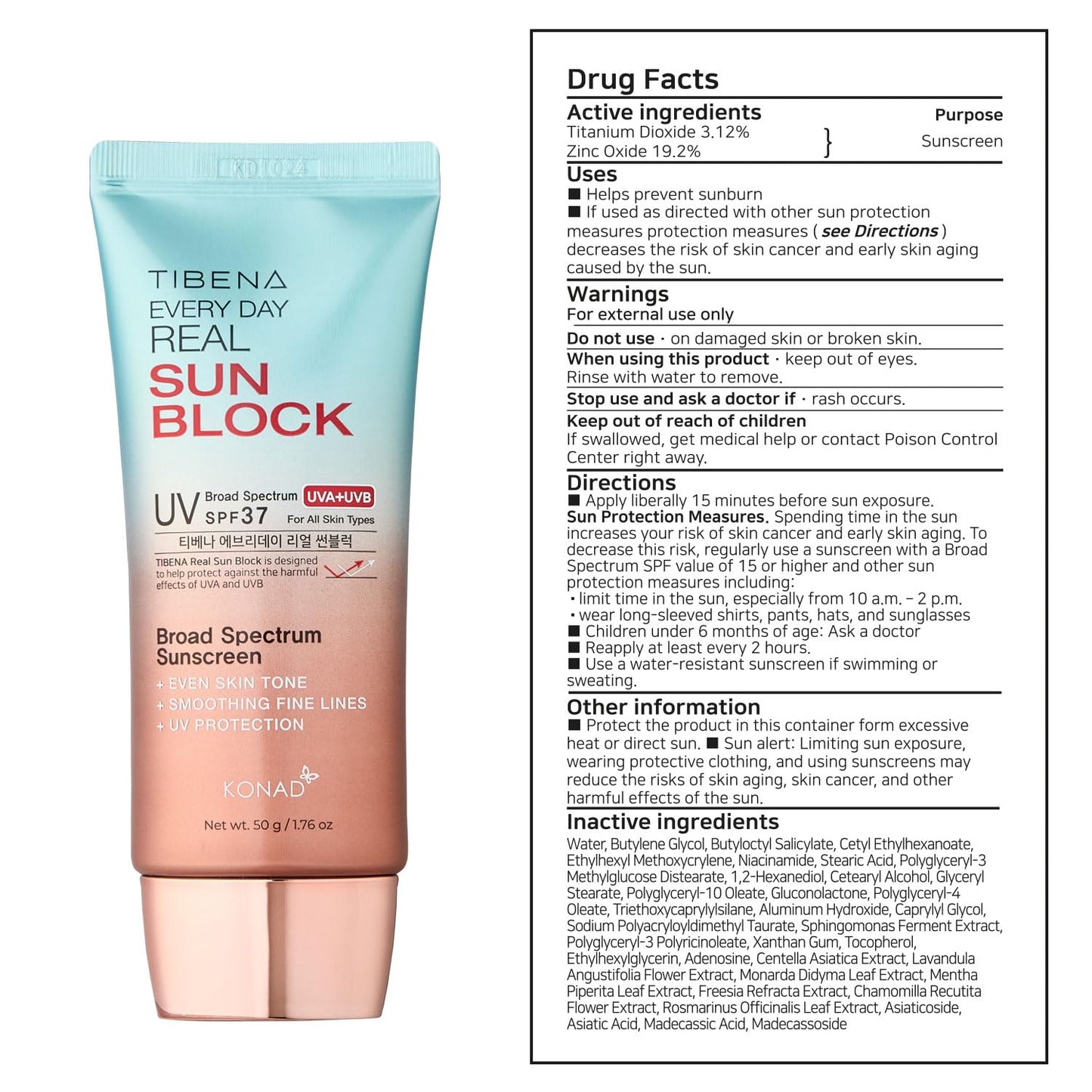 TIBENA Everyday Real Mineral Sunscreen SPF 37 | Lightweight Korean Sunblock for Face & Neck | No White Cast, Broad-Spectrum UVA/UVB Protection | Calming & Non-Greasy | 60g