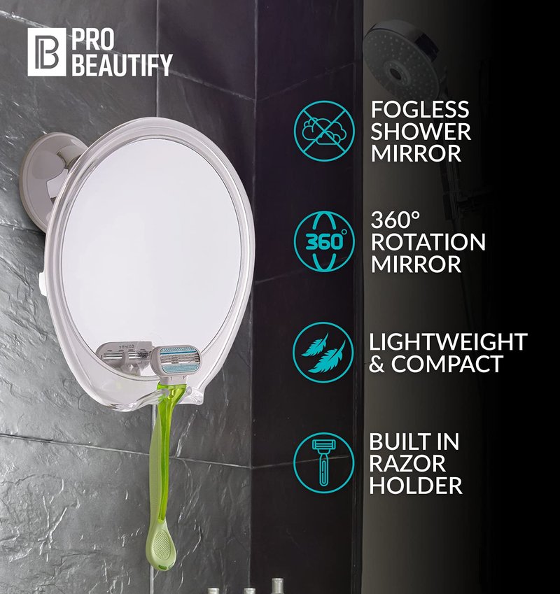 PROBEAUTIFY Fogless Shower Mirror for Shaving - Strong Suction, Razor Holder & 360 Degree Rotation Shower Shaving Mirror - Fog Free Mirror for Shower & Shaving Mirror - Men & Women