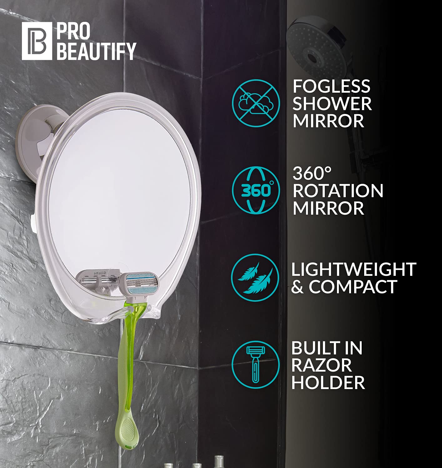 PROBEAUTIFY Fogless Shower Mirror for Shaving - Strong Suction, Razor Holder & 360 Degree Rotation Shower Shaving Mirror - Fog Free Mirror for Shower & Shaving Mirror - Men & Women