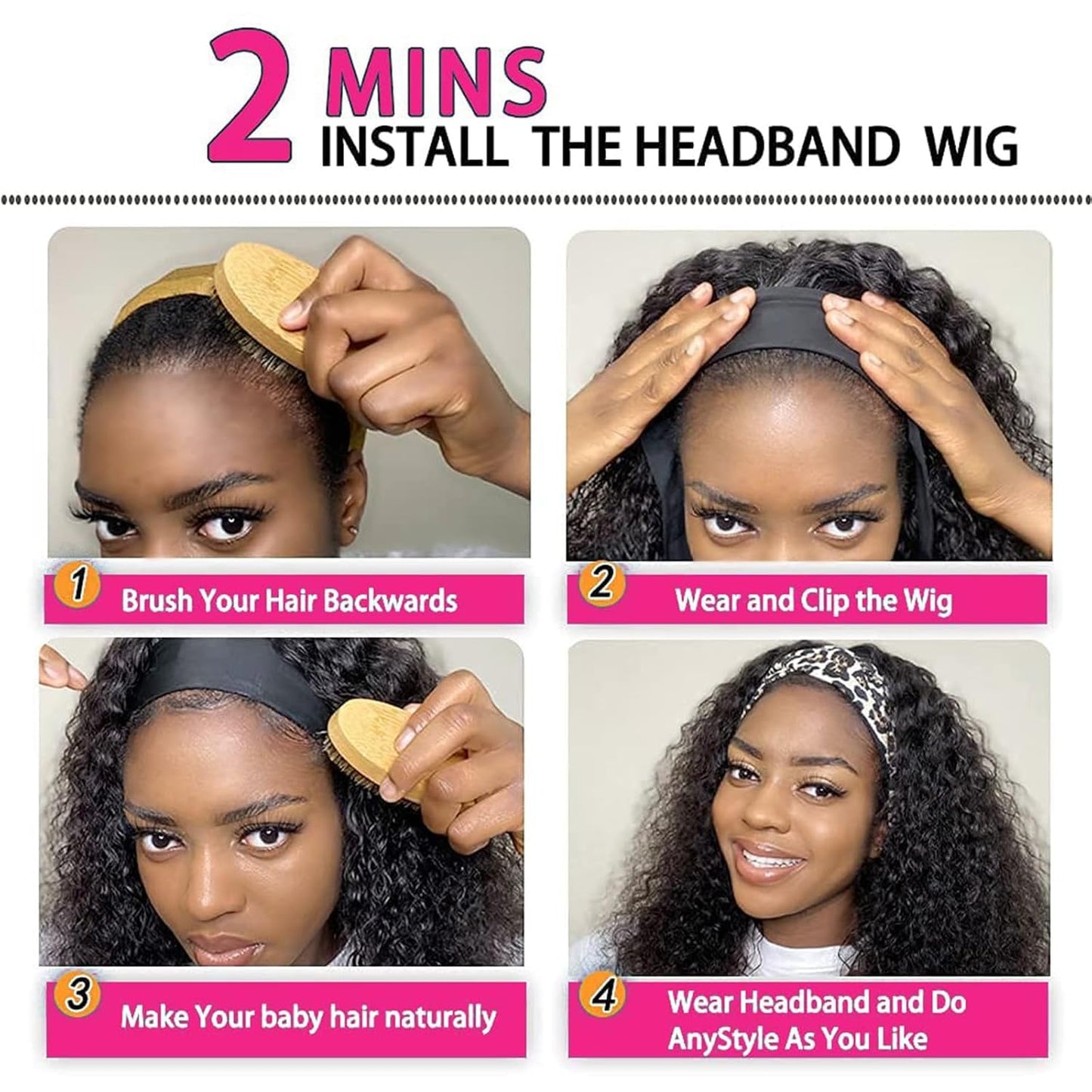 Headband Wig Human Hair Kinky Curly Glueless Wigs 12 Inch Natural Black