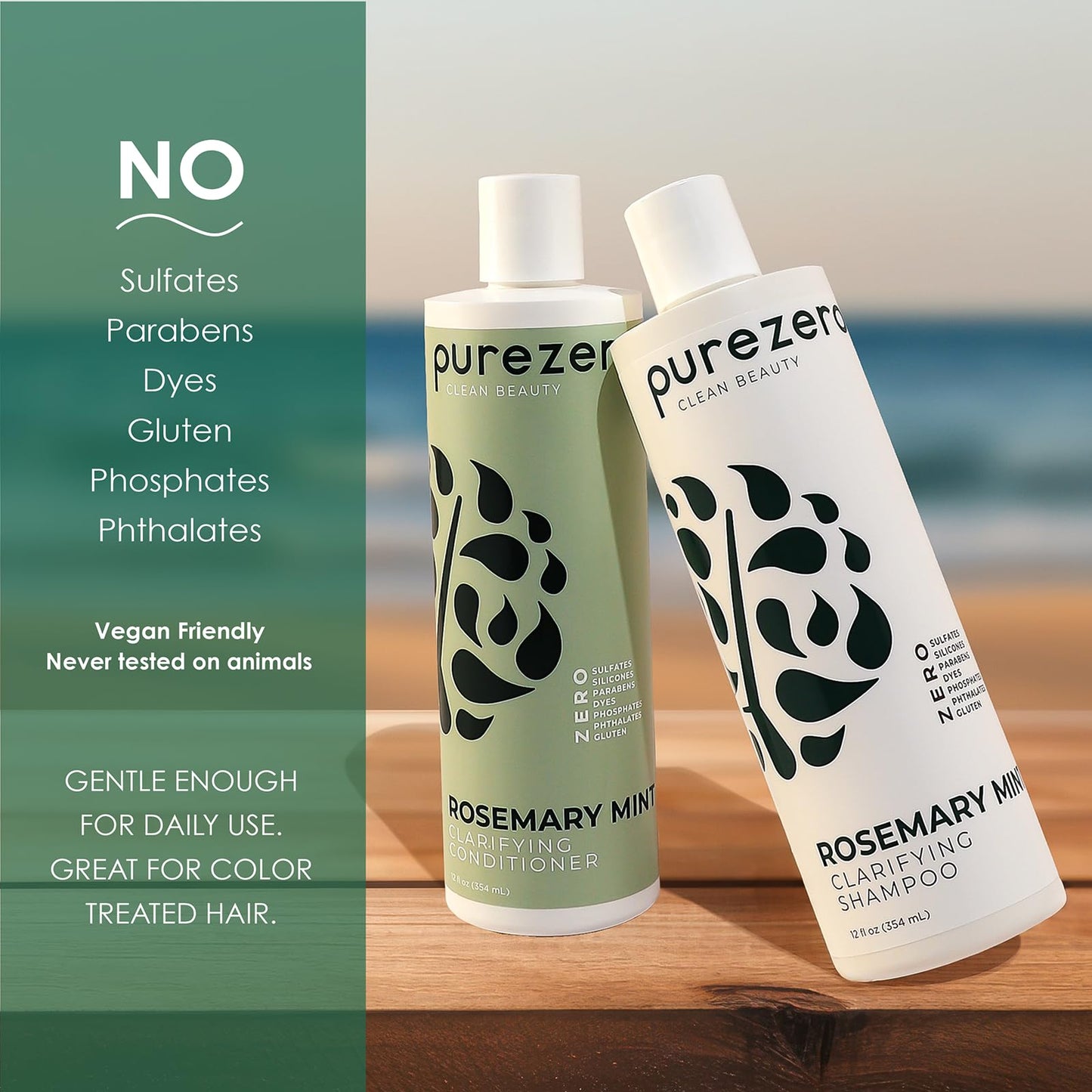Purezero Rosemary Mint Clarifying Silicone Free Shampoo & Conditioner Set – Vegan Duo for Balanced Scalp, Build-Up Removal & Fresh Minty Finish – Sulfate-Free, Paraben-Free, Cruelty-Free, 2×12 oz