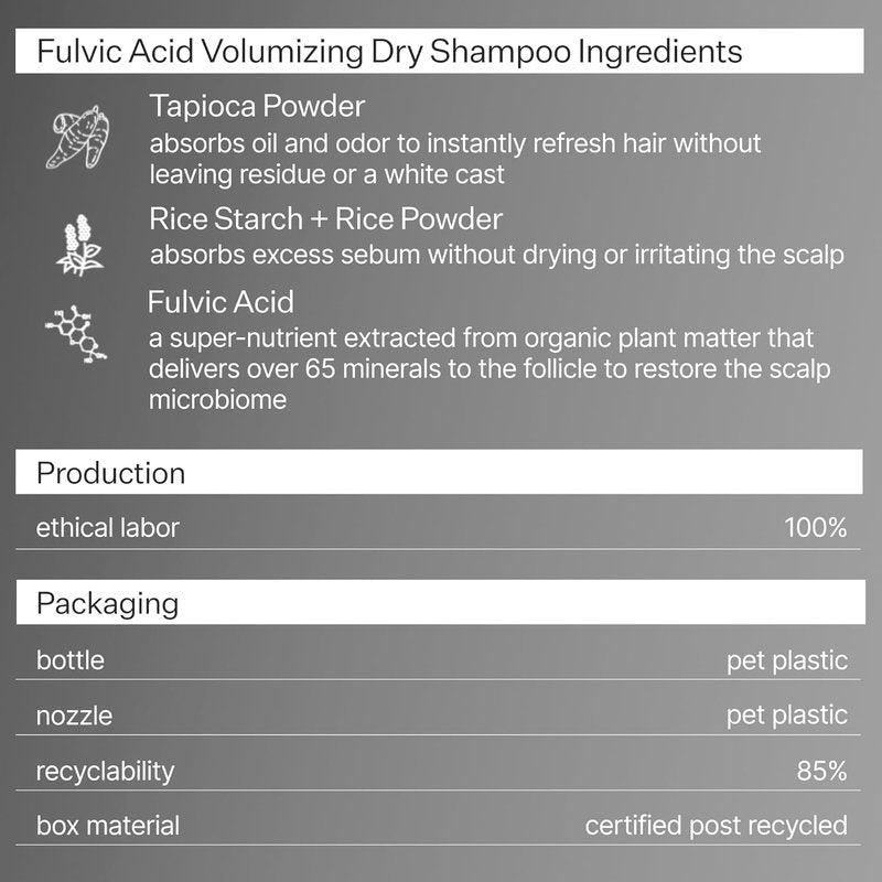 Fulvic Acid Volumizing Dry Shampoo - Plant-Based Natural Powder Spray for Oily Hair | Non-Aerosol, All Hair Types