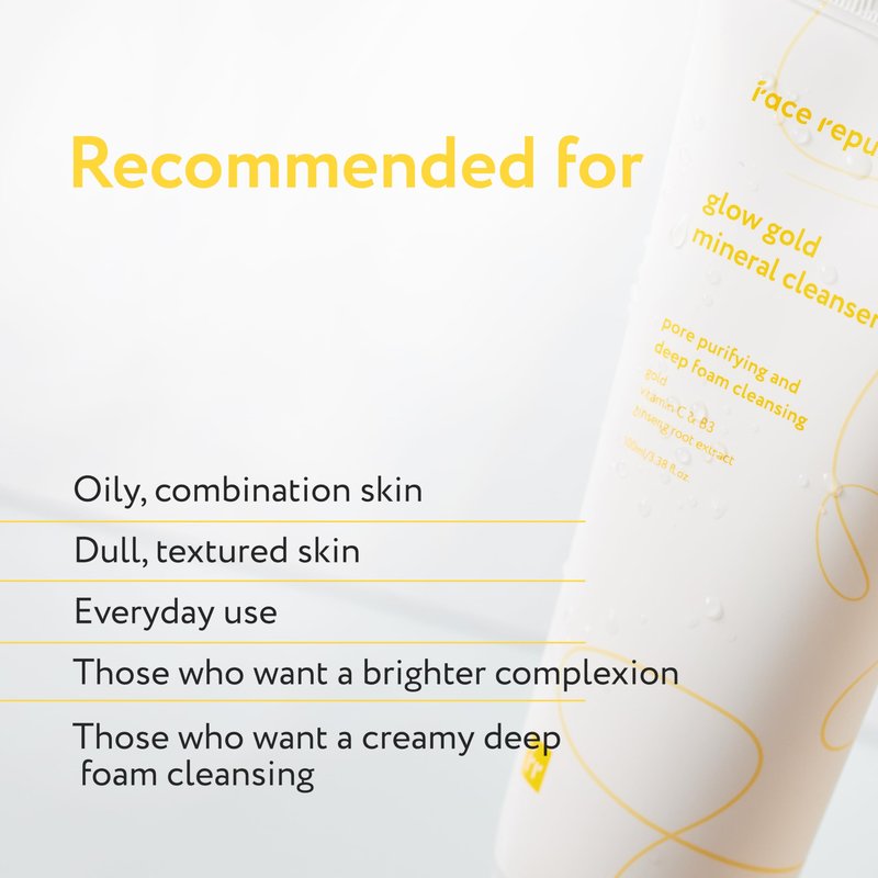 Face Republic Glow Gold Mineral Cleanser 100ml 3.38 fl oz | Deep Pore Purifying Foam | Vitalizing for Dull Skin | Gold, Rice Bran, Ginseng, Vitamins, Niacinamide | Vegan Korean Skincare