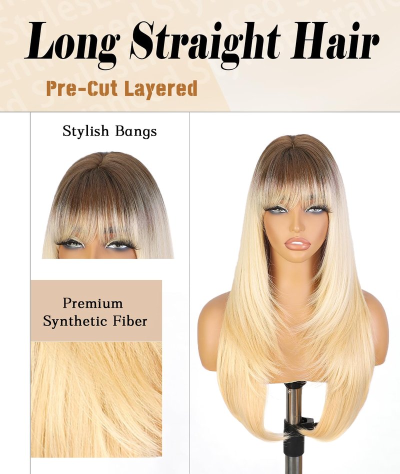ENTRANCED STYLES Brown Wig With Bangs 26 Inch Long Straight Wigs for Women Dark Brown Layered Hair Synthetic Heat Resistant Hair for Daily Party Use